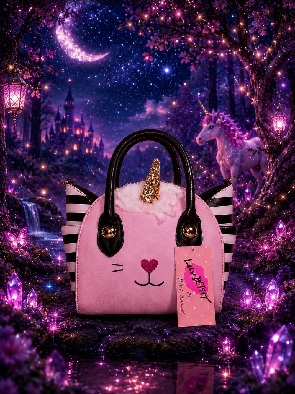 Cute Pink Unicorn Cat Crossbody Bag with Gold Horn